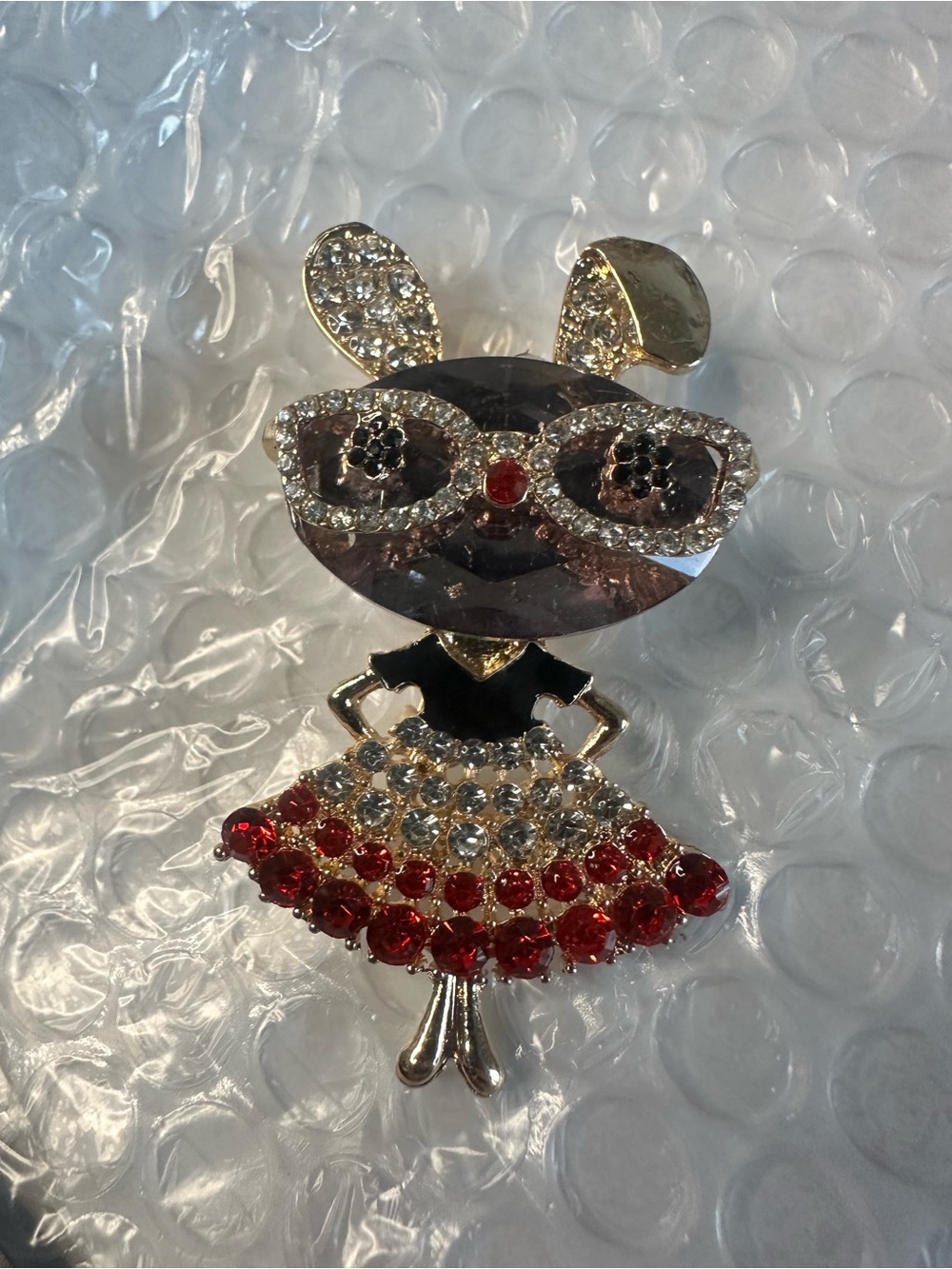 Crystal Bunny Brooch with Red and Clear Stones